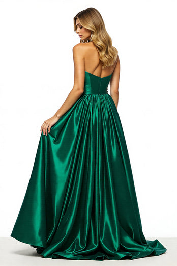 Dark Green Satin Keyhole A Line Halter Maxi Prom Dress with Slit