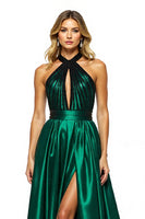Load image into Gallery viewer, Dark Green Satin Keyhole A Line Halter Maxi Prom Dress with Slit