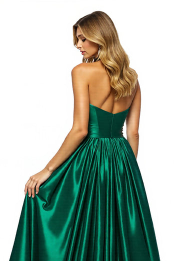 Dark Green Satin Keyhole A Line Halter Maxi Prom Dress with Slit