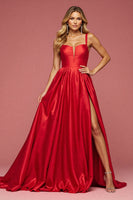 Load image into Gallery viewer, A Line Red Satin Maxi Prom Dress with Slit