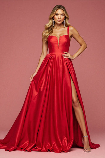 A Line Red Satin Maxi Prom Dress with Slit