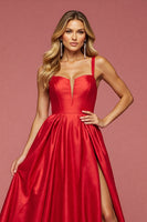 Load image into Gallery viewer, A Line Red Satin Maxi Prom Dress with Slit