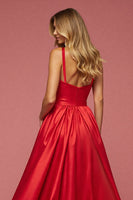 Load image into Gallery viewer, A Line Red Satin Maxi Prom Dress with Slit