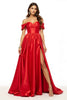 Load image into Gallery viewer, Satin Red Off the Shoulder Maxi A Line Prom Dress with Slit
