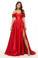 Load image into Gallery viewer, Satin Red Off the Shoulder Maxi A Line Prom Dress with Slit