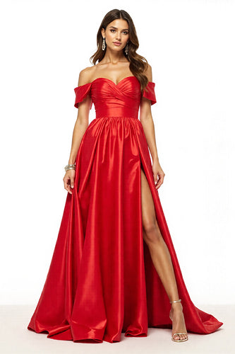 Satin Red Off the Shoulder Maxi A Line Prom Dress with Slit