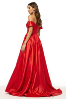 Load image into Gallery viewer, Satin Red Off the Shoulder Maxi A Line Prom Dress with Slit