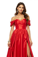 Load image into Gallery viewer, Satin Red Off the Shoulder Maxi A Line Prom Dress with Slit