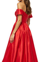 Load image into Gallery viewer, Satin Red Off the Shoulder Maxi A Line Prom Dress with Slit