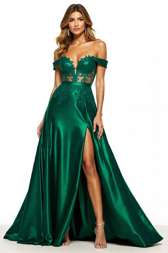 Dark Green Off the Shoulder Maxi Satin Prom Dress with Slit