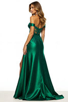 Load image into Gallery viewer, Dark Green Off the Shoulder Maxi Satin Prom Dress with Slit