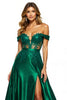 Load image into Gallery viewer, Dark Green Off the Shoulder Maxi Satin Prom Dress with Slit