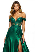 Load image into Gallery viewer, Dark Green Off the Shoulder Maxi Satin Prom Dress with Slit