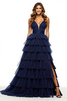 Load image into Gallery viewer, Navy Tiered Tulle V-Neck A Line Maxi Prom Dress with Slit