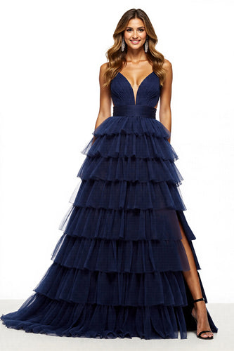 Navy Tiered Tulle V-Neck A Line Maxi Prom Dress with Slit