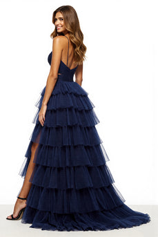 Navy Tiered Tulle V-Neck A Line Maxi Prom Dress with Slit