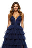 Load image into Gallery viewer, Navy Tiered Tulle V-Neck A Line Maxi Prom Dress with Slit