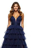 Load image into Gallery viewer, Navy Tiered Tulle V-Neck A Line Maxi Prom Dress with Slit