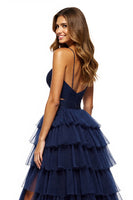 Load image into Gallery viewer, Navy Tiered Tulle V-Neck A Line Maxi Prom Dress with Slit