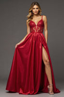 Load image into Gallery viewer, Red A Line Satin Maxi V-Neck Prom Dress with Slit