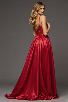 Red A Line Satin Maxi V-Neck Prom Dress with Slit