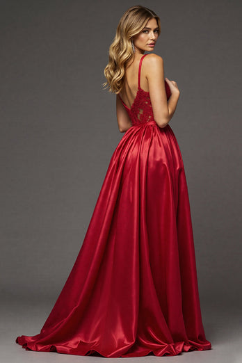 Red A Line Satin Maxi V-Neck Prom Dress with Slit