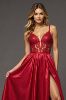Load image into Gallery viewer, Red A Line Satin Maxi V-Neck Prom Dress with Slit