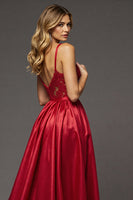 Load image into Gallery viewer, Red A Line Satin Maxi V-Neck Prom Dress with Slit