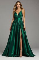 Load image into Gallery viewer, Satin Dark Green A Line Spaghetti Straps Ruched Maxi Prom Dress with Slit