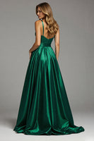 Load image into Gallery viewer, Satin Dark Green A Line Spaghetti Straps Ruched Maxi Prom Dress with Slit