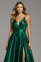 Load image into Gallery viewer, Satin Dark Green A Line Spaghetti Straps Ruched Maxi Prom Dress with Slit