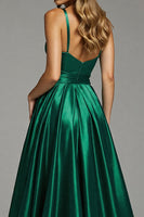 Load image into Gallery viewer, Satin Dark Green A Line Spaghetti Straps Ruched Maxi Prom Dress with Slit