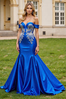 Load image into Gallery viewer, Sparkly Royal Blue Off the Shoulder Maxi Satin Prom Dress with Beading