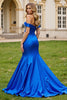 Load image into Gallery viewer, Sparkly Royal Blue Off the Shoulder Maxi Satin Prom Dress with Beading