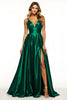 Load image into Gallery viewer, Dark Green A Line V-Neck Satin Maxi Prom Dress with Slit