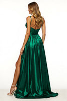 Load image into Gallery viewer, Dark Green A Line V-Neck Satin Maxi Prom Dress with Slit