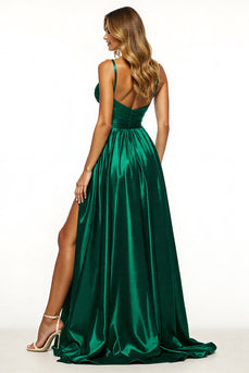 Dark Green A Line V-Neck Satin Maxi Prom Dress with Slit