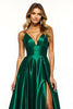 Load image into Gallery viewer, Dark Green A Line V-Neck Satin Maxi Prom Dress with Slit