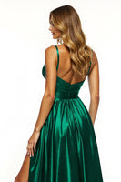 Load image into Gallery viewer, Dark Green A Line V-Neck Satin Maxi Prom Dress with Slit