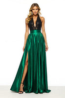 Load image into Gallery viewer, Black Green Satin Halter A Line Maxi Prom Dress with Slit