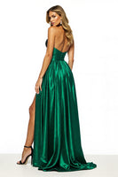 Load image into Gallery viewer, Black Green Satin Halter A Line Maxi Prom Dress with Slit