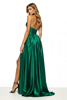 Black Green Satin Halter A Line Maxi Prom Dress with Slit