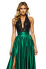 Load image into Gallery viewer, Black Green Satin Halter A Line Maxi Prom Dress with Slit