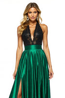 Load image into Gallery viewer, Black Green Satin Halter A Line Maxi Prom Dress with Slit