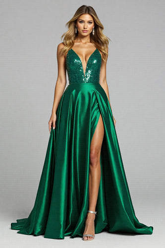 Sparkly Dark Green Deep V-Neck Satin Maxi Prom Dress with Slit