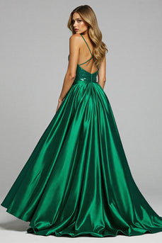 Sparkly Dark Green Deep V-Neck Satin Maxi Prom Dress with Slit