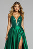 Load image into Gallery viewer, Sparkly Dark Green Deep V-Neck Satin Maxi Prom Dress with Slit