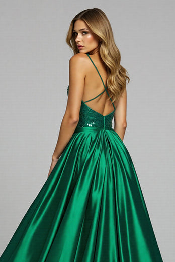 Sparkly Dark Green Deep V-Neck Satin Maxi Prom Dress with Slit