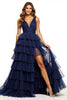 Load image into Gallery viewer, Navy V-Neck A Line Tulle Tiered Maxi Prom Dress with Slit