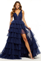 Load image into Gallery viewer, Navy V-Neck A Line Tulle Tiered Maxi Prom Dress with Slit